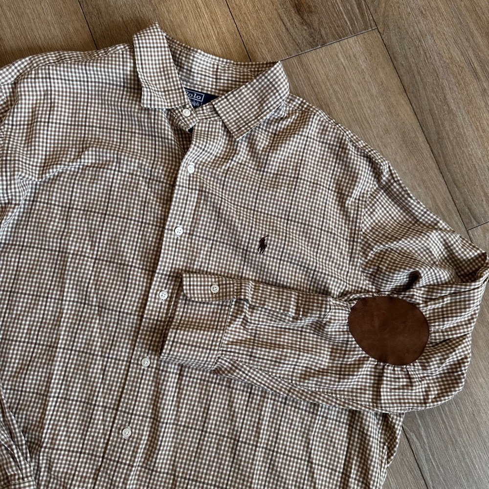Polo Ralph Lauren Bradford Gingham Shirt XXL Brown Elbow Patches Classic Fit